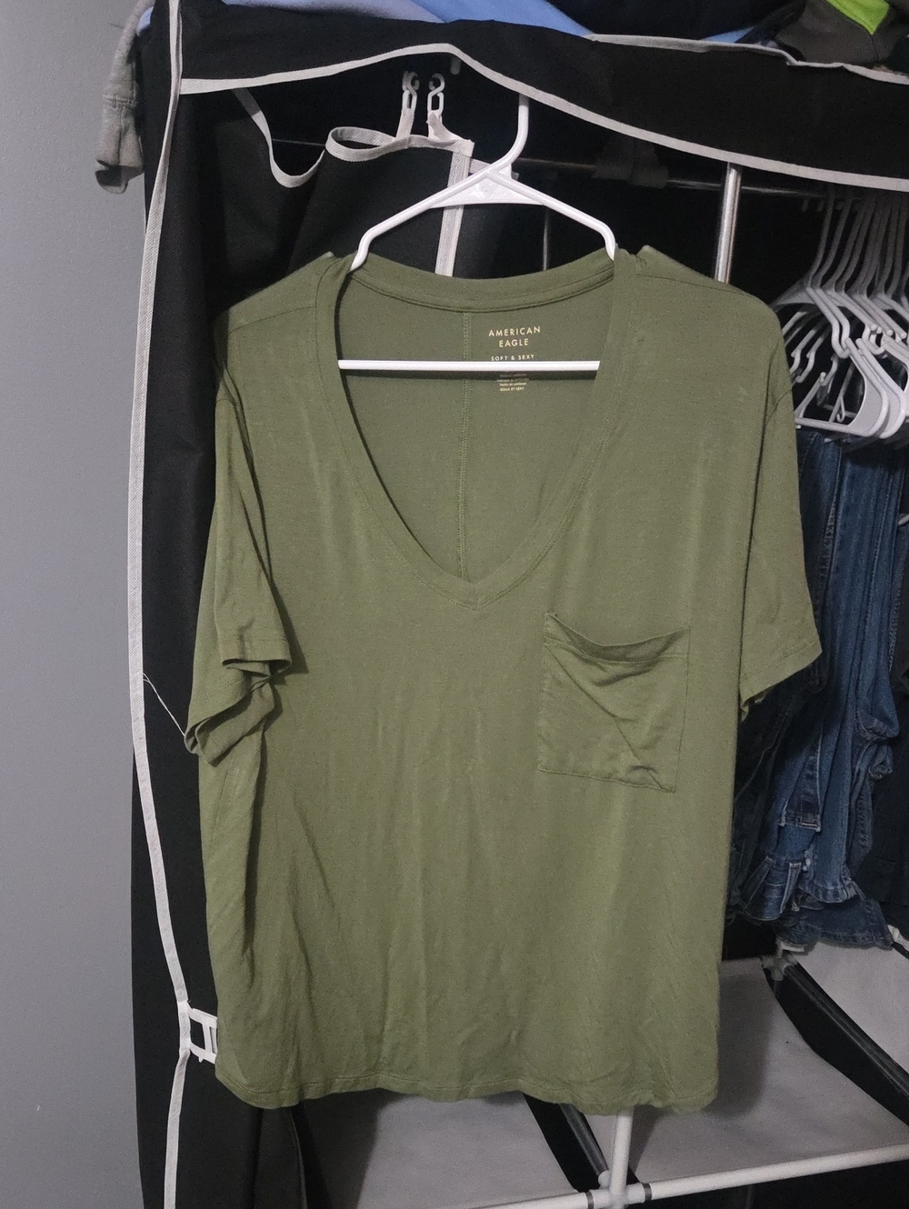American Eagle Outfitters Olive V-Neck Pocket Tee